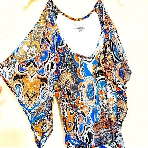 ROBBIE BEE Chiffon midi Dress boho Scarf Print Cold Shoulder women’s 6 - Picture 2 of 8